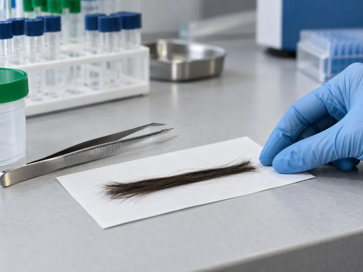 Vorbereitung einer Haarprobe mit Pinzette im Labor