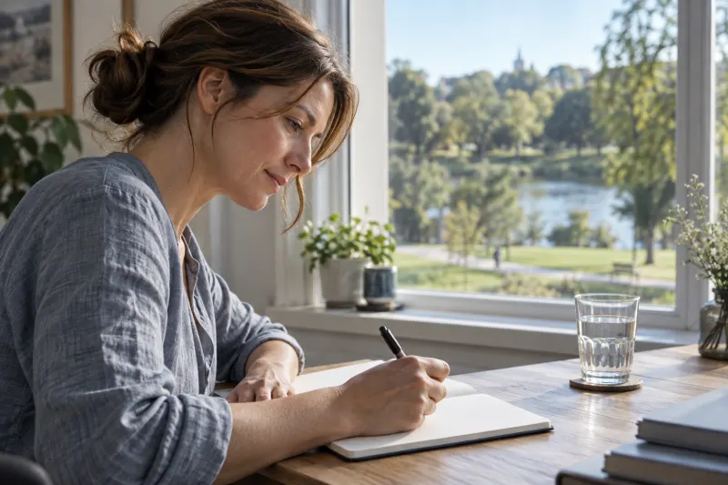Frau plant ihren Alltag mit einem Notizbuch am offenen Fenster