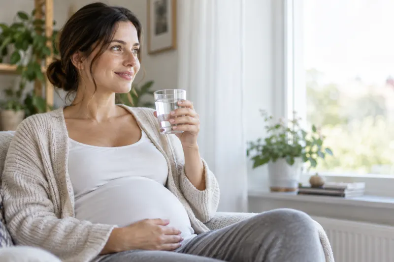 Schwangere Frau trinkt zu Hause ein Glas Wasser