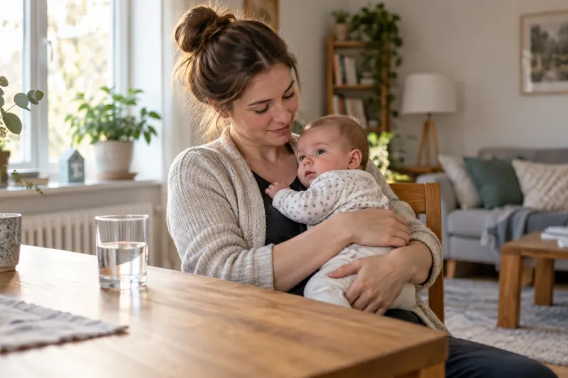 Mutter hält ihr Baby auf dem Arm; auf dem Tisch steht ein Glas Wasser