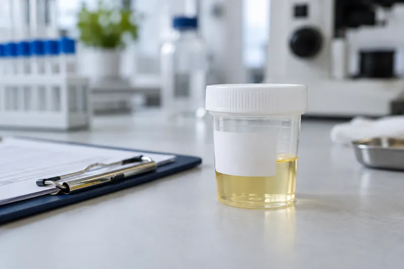 Verschlossene Urinprobe und Unterlagen für die Alkoholmarker-Untersuchung