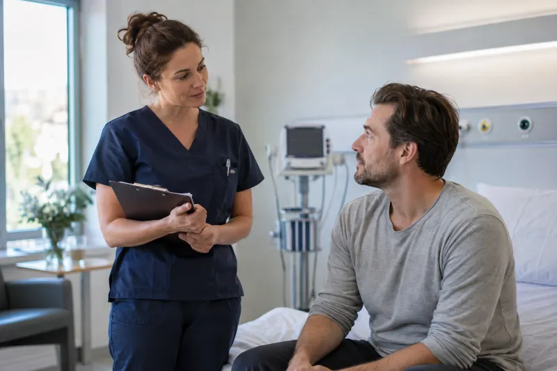 Pflegefachkraft betreut einen Patienten bei einer medizinischen Behandlung
