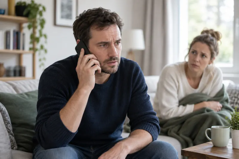 Erwachsener ruft mit einem Mobiltelefon Hilfe in einer ruhigen Innenraumszene