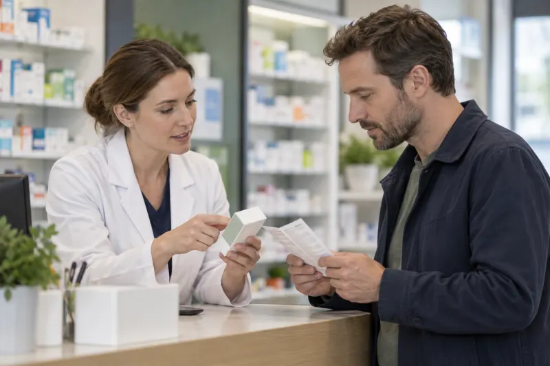Apothekerin bespricht eine Medikamentenpackung mit einem erwachsenen Kunden