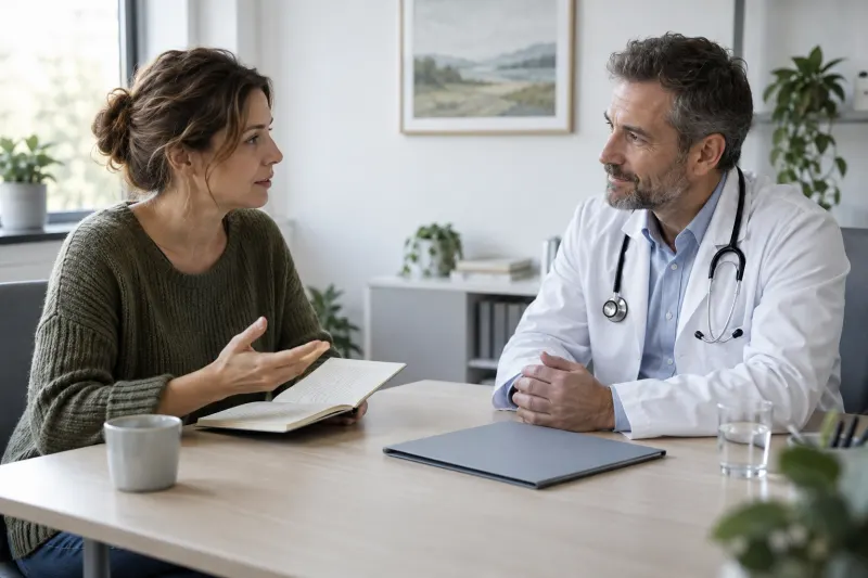 Patientin bespricht Fragen zur Medikamenteneinnahme mit einem Arzt