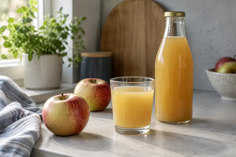 Kleines Glas Apfelsaft neben Äpfeln und einer verschlossenen Saftflasche