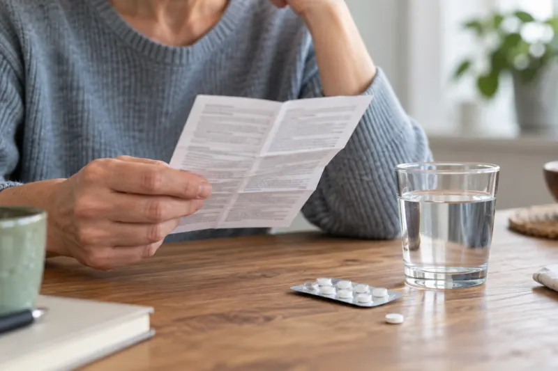 Person liest die Packungsbeilage neben einem Glas Wasser und Tabletten