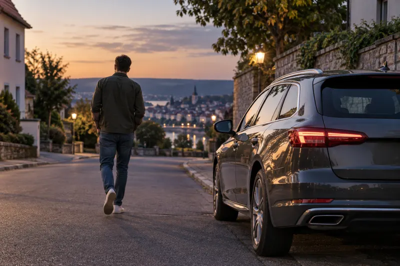 Mann lässt sein Auto am Straßenrand stehen und geht zu Fuß weiter