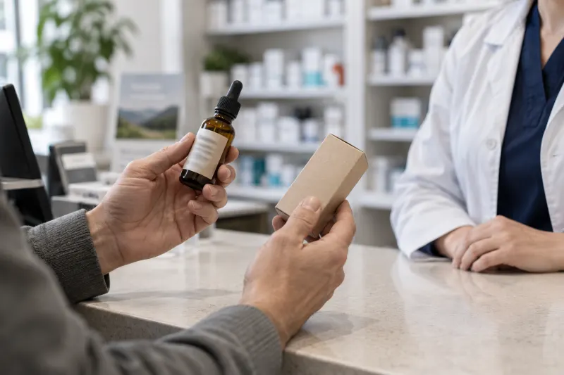 Hände prüfen die Verpackung eines neutralen CBD-Produkts