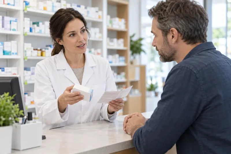 Apothekerin bespricht mit einem Kunden eine Arzneimittelpackung und die Packungsbeilage