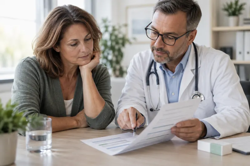 Patientin und Arzt prüfen gemeinsam einen Medikamentenplan