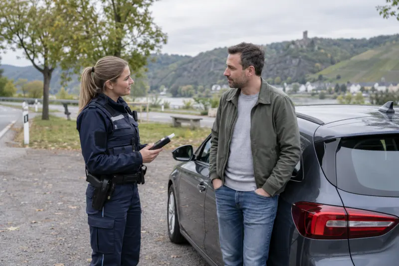 Polizeibeamtin spricht bei einer Verkehrskontrolle ruhig mit einem Autofahrer