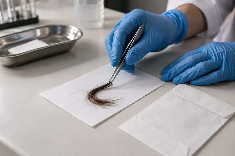 Laborfachkraft legt eine kleine Haarprobe auf sauberes Probenpapier