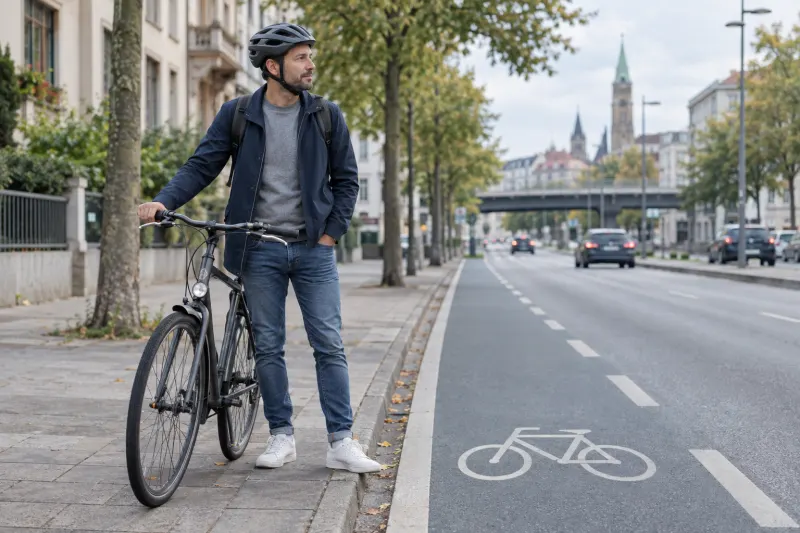 Radfahrer schiebt sein Fahrrad sicher nach Hause