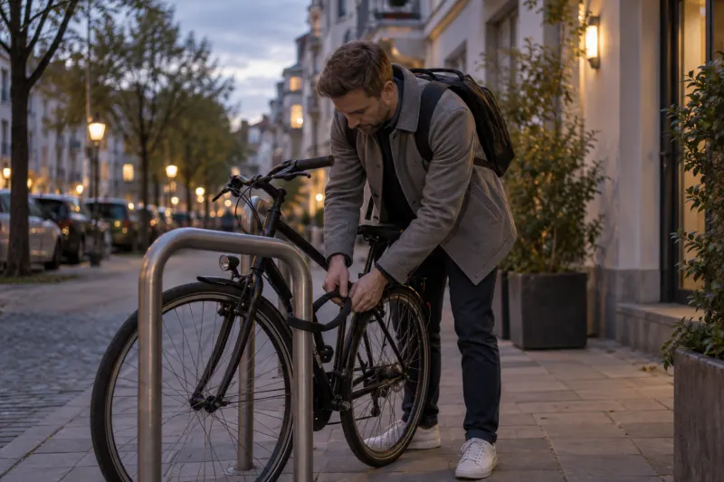 Mann stellt sein Fahrrad an einem Fahrradständer ab