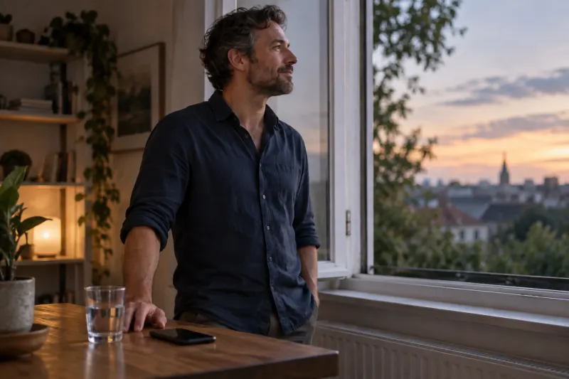 Mann legt nach der Arbeit das Handy beiseite und macht eine Pause am Fenster