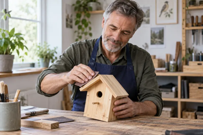 Mann arbeitet konzentriert an einem kleinen Holzprojekt in seiner Freizeit