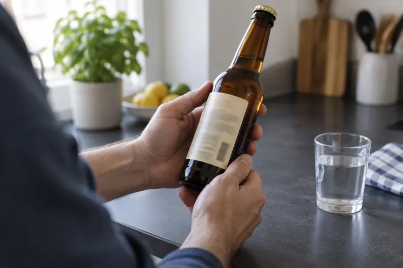 Hände prüfen die Rückseite einer neutralen Getränkeflasche