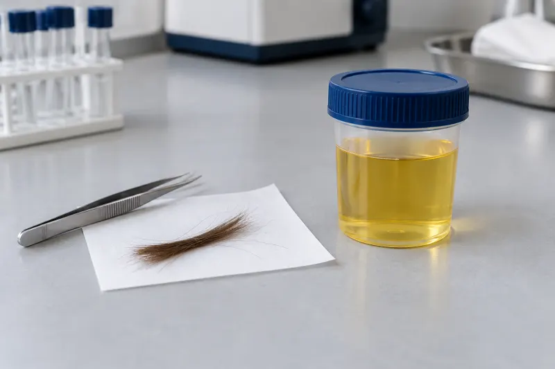 Haarprobe und geschlossener Urinbecher auf einem Labortisch