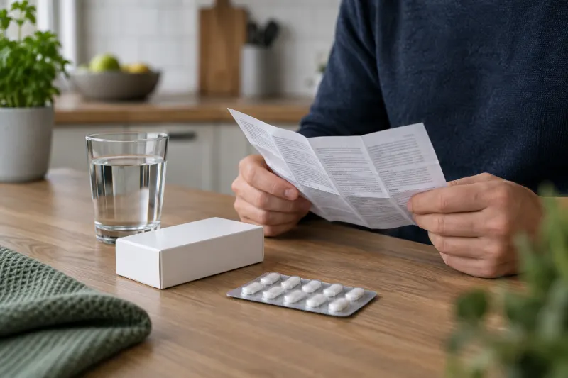 Unbeschriftete Tablettenpackung mit Blister und Packungsbeilage neben einem Wasserglas