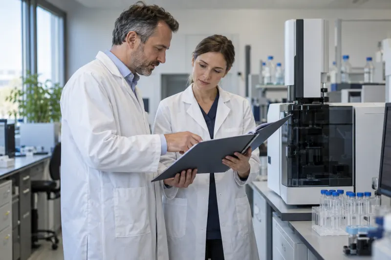 Zwei Labormitarbeitende prüfen Dokumentation neben einem Analysegerät