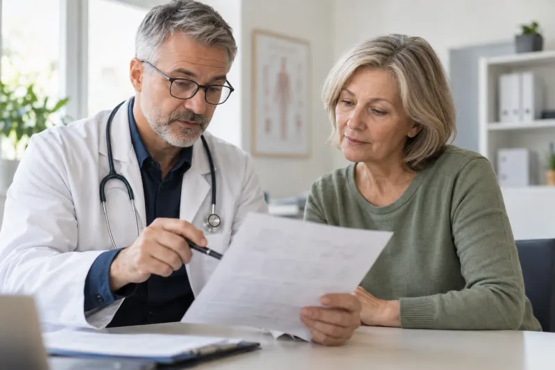 Arzt erklärt einer Patientin einen Laborbericht