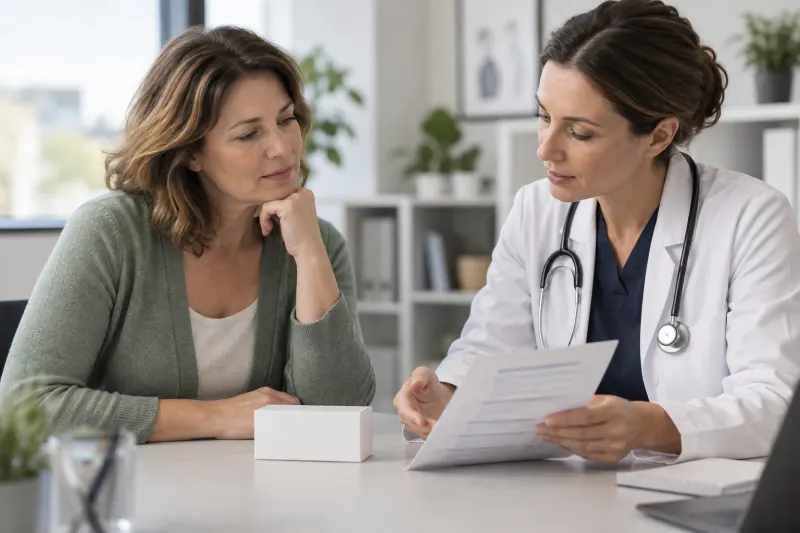 Ärztin und Patientin besprechen eine Medikamentenpackung und den Behandlungsplan
