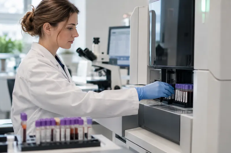 Laborfachkraft untersucht ein Blutbild am Analysegerät