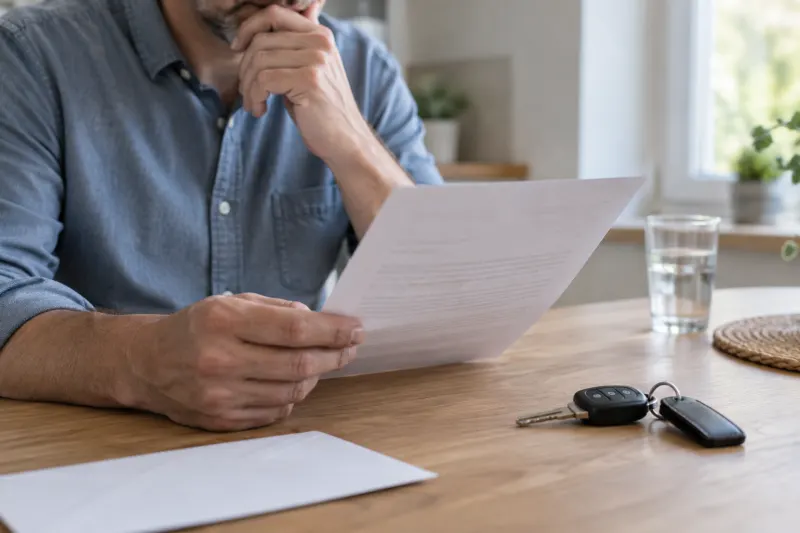 Mann liest ein behördliches Schreiben neben einem abgelegten Autoschlüssel
