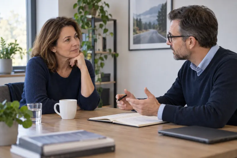 Frau im persönlichen Gespräch mit einem Berater