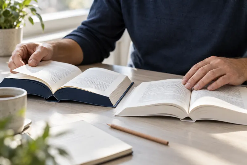 Erwachsener vergleicht Inhaltsverzeichnisse zweier Ratgeberbücher