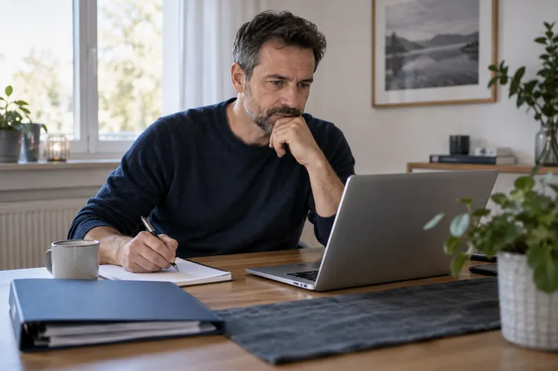 Mann liest am Laptop und notiert offene Fragen für ein Beratungsgespräch