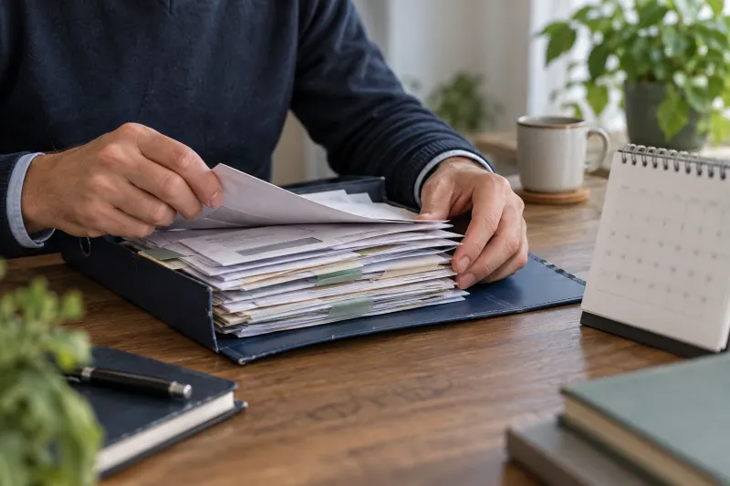 Hände ordnen ältere Fahrerlaubnisunterlagen neben einem Kalender