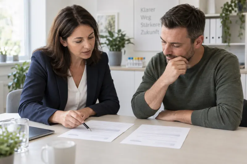Beraterin und Kunde vergleichen Unterlagen für das passende Nachweisprogramm