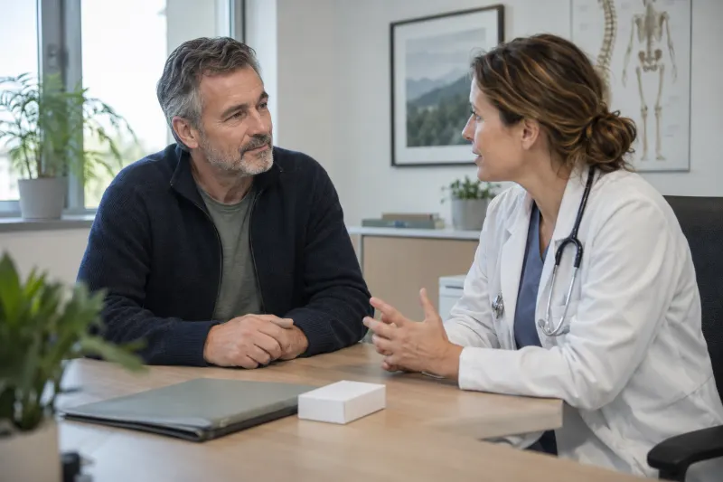 Ärztin spricht mit einem Patienten über seine Schmerztherapie