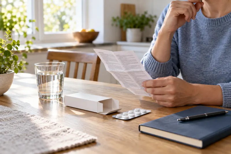 Person prüft am Tisch die Packungsbeilage eines Schmerzmittels neben einem Glas Wasser