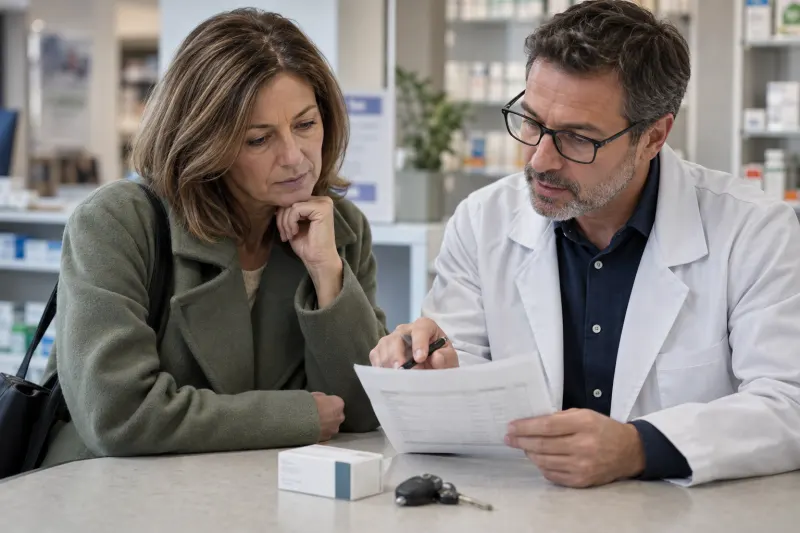 Patientin bespricht ihren Medikamentenplan mit einem Apotheker