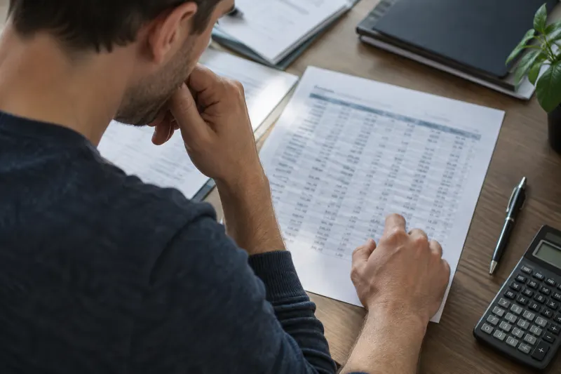 Person vergleicht eine gedruckte Tabelle mit Notizen
