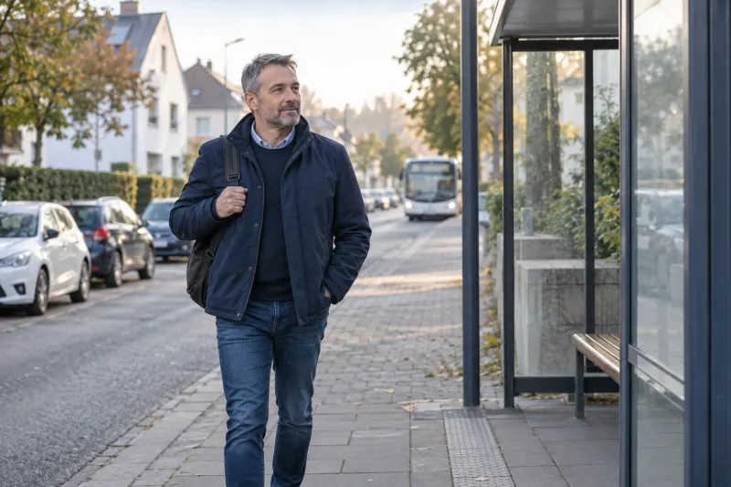 Mann geht am Morgen zu Fuß, statt das Auto zu benutzen