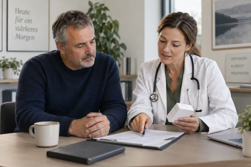 Patient und Ärztin sprechen über einen Medikamentenplan