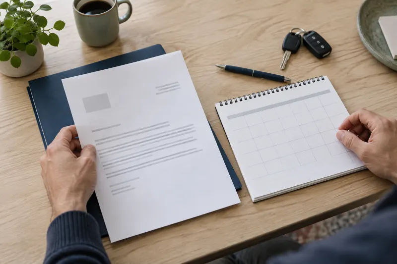 Hand ordnet Gerichtsschreiben, Kalender und Fahrzeugschlüssel auf einem Tisch