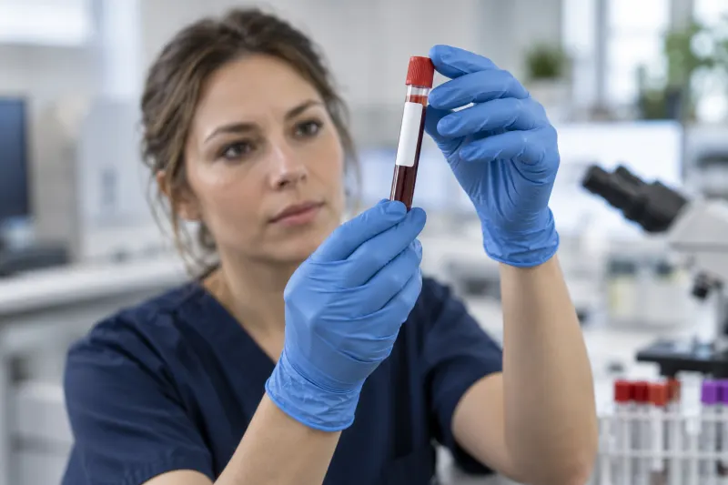 Laborfachkraft prüft eine beschriftete Blutprobe ohne sichtbare Patientendaten